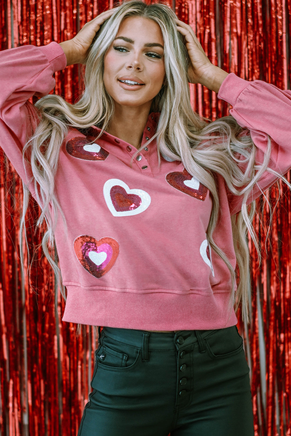 Mineral Wash Sequin Heart Snap Buttons Collared Sweatshirt | Pink