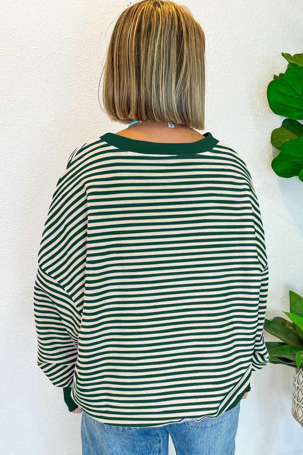 Turkey Pattern Drop Shoulder Pullover Top | Green Stripe