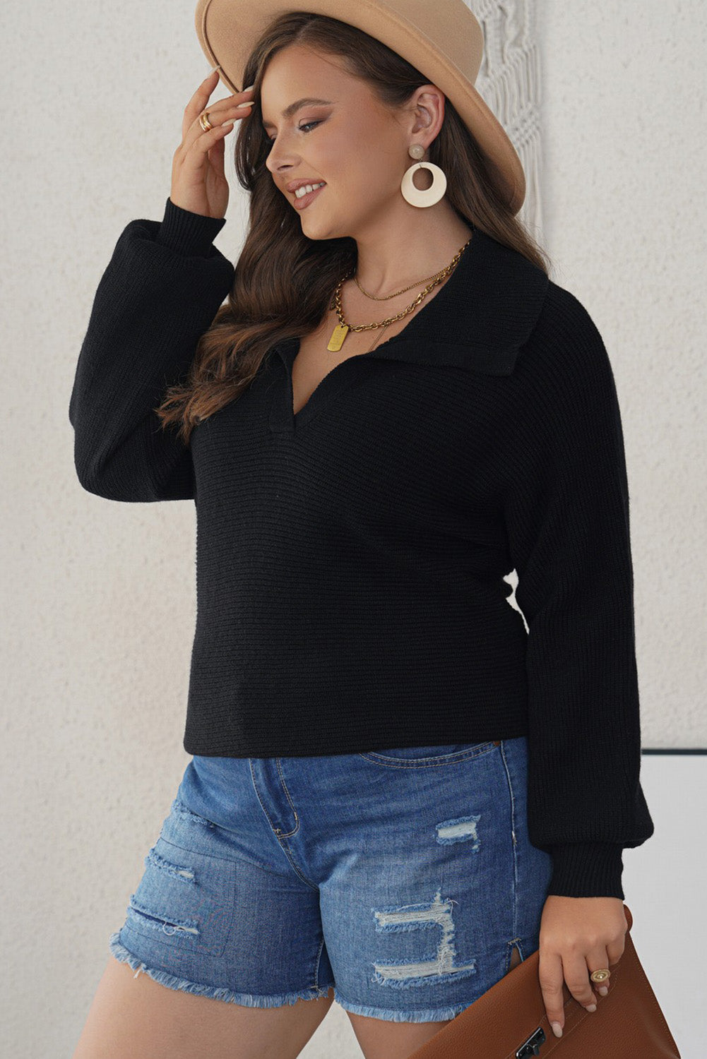 Ribbed Knit Lapel Neck Curvy Sweater | Black