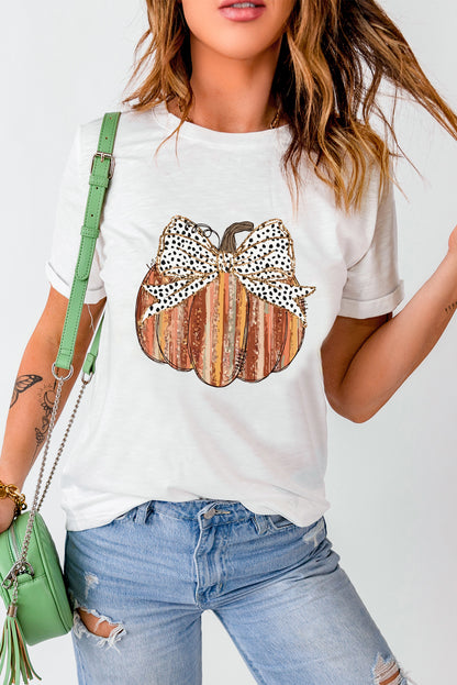 Thanksgiving Bow Knot Pumpkin Print Round Neck T Shirt | White