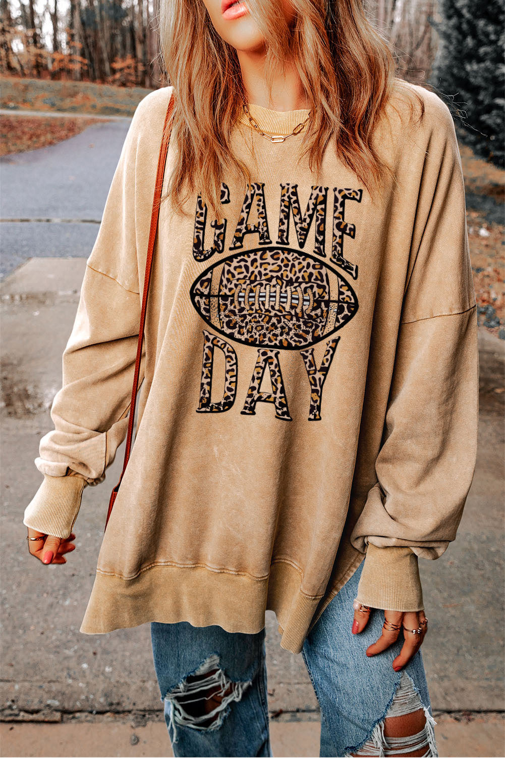 Khaki Loose Leopard Rugby Football GAME DAY Graphic Sweatshirt