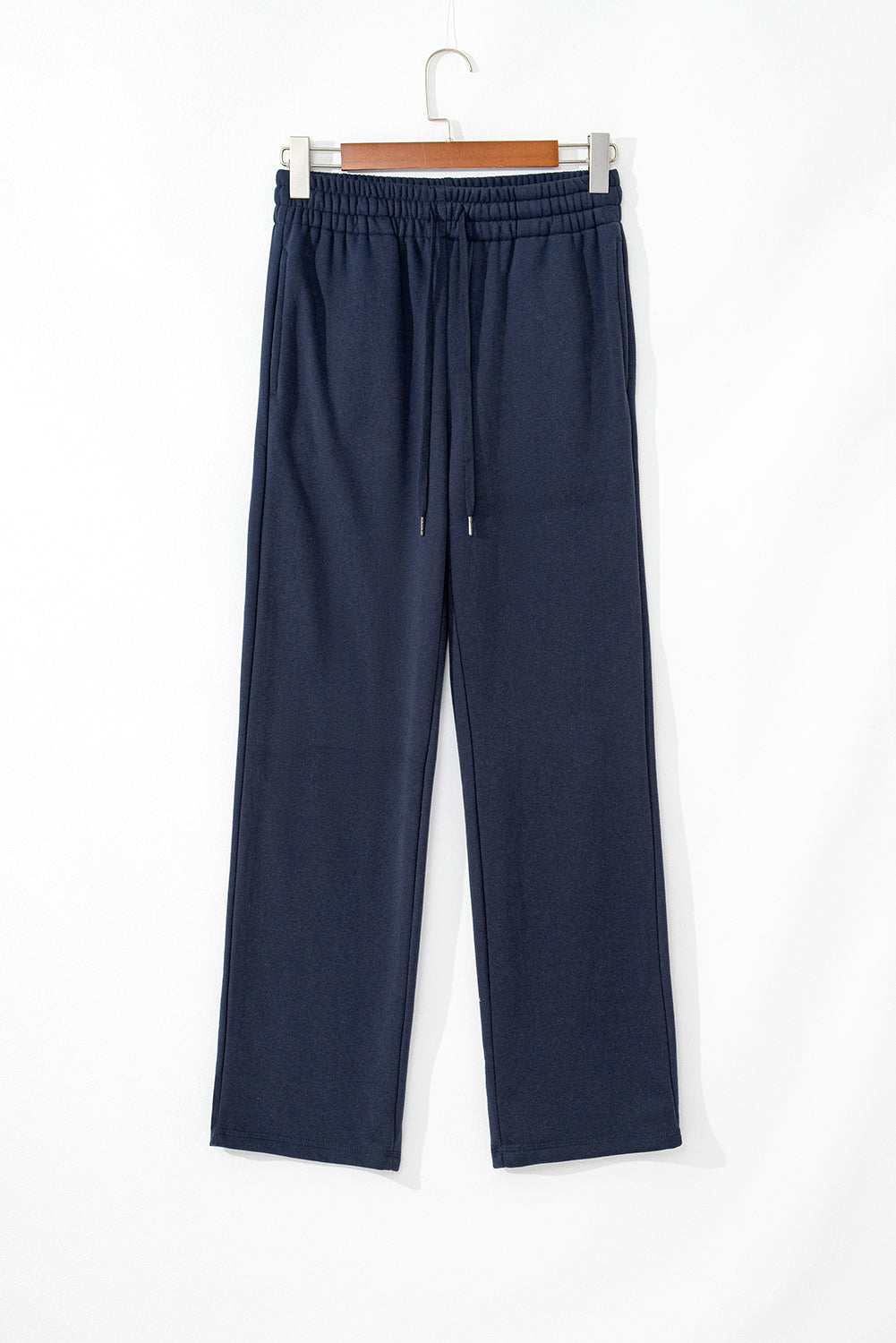 Solid Colour Fleece Lined Drawstring Waist Casual Pants | Navy Blue