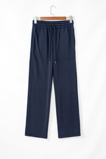 Solid Colour Fleece Lined Drawstring Waist Casual Pants | Navy Blue