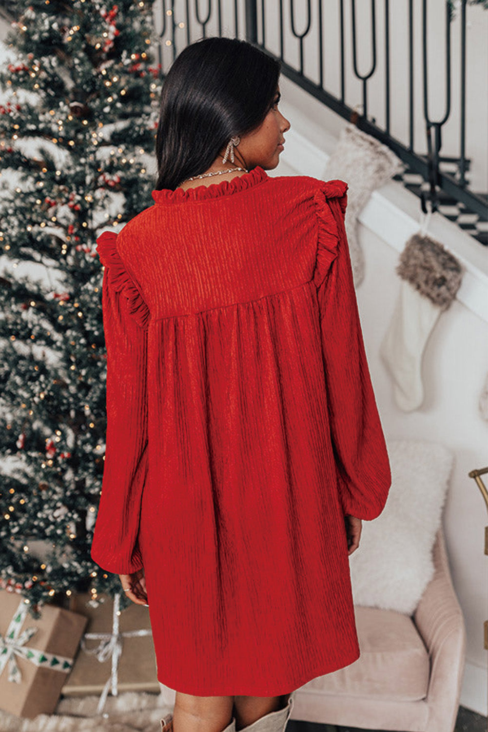 Textured Ruffled Trim V Neck Loose Fit Mini Dress | Fiery Red