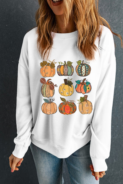 Thanksgiving Pumpkin Print Drop Shoulder Sweatshirt | Beige