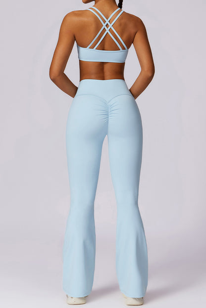 Solid Colour High Waist Active Sports Flare Pants | Mist Blue