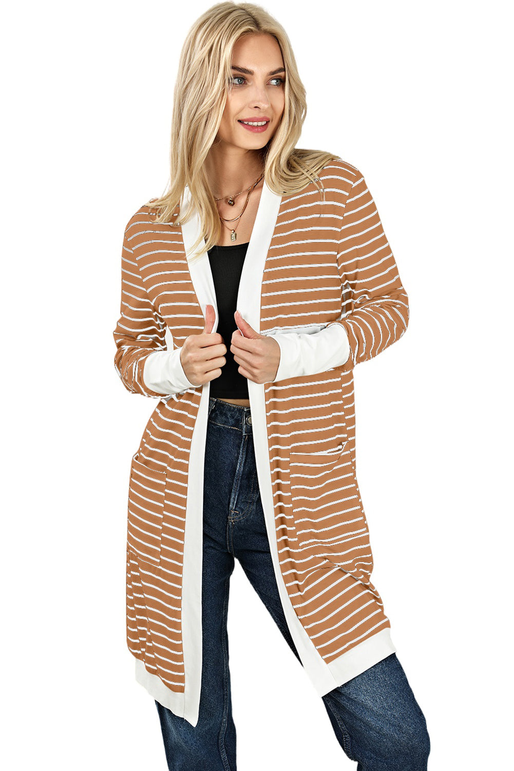 Striped Side Pockets Open Front Cardigan | Brown