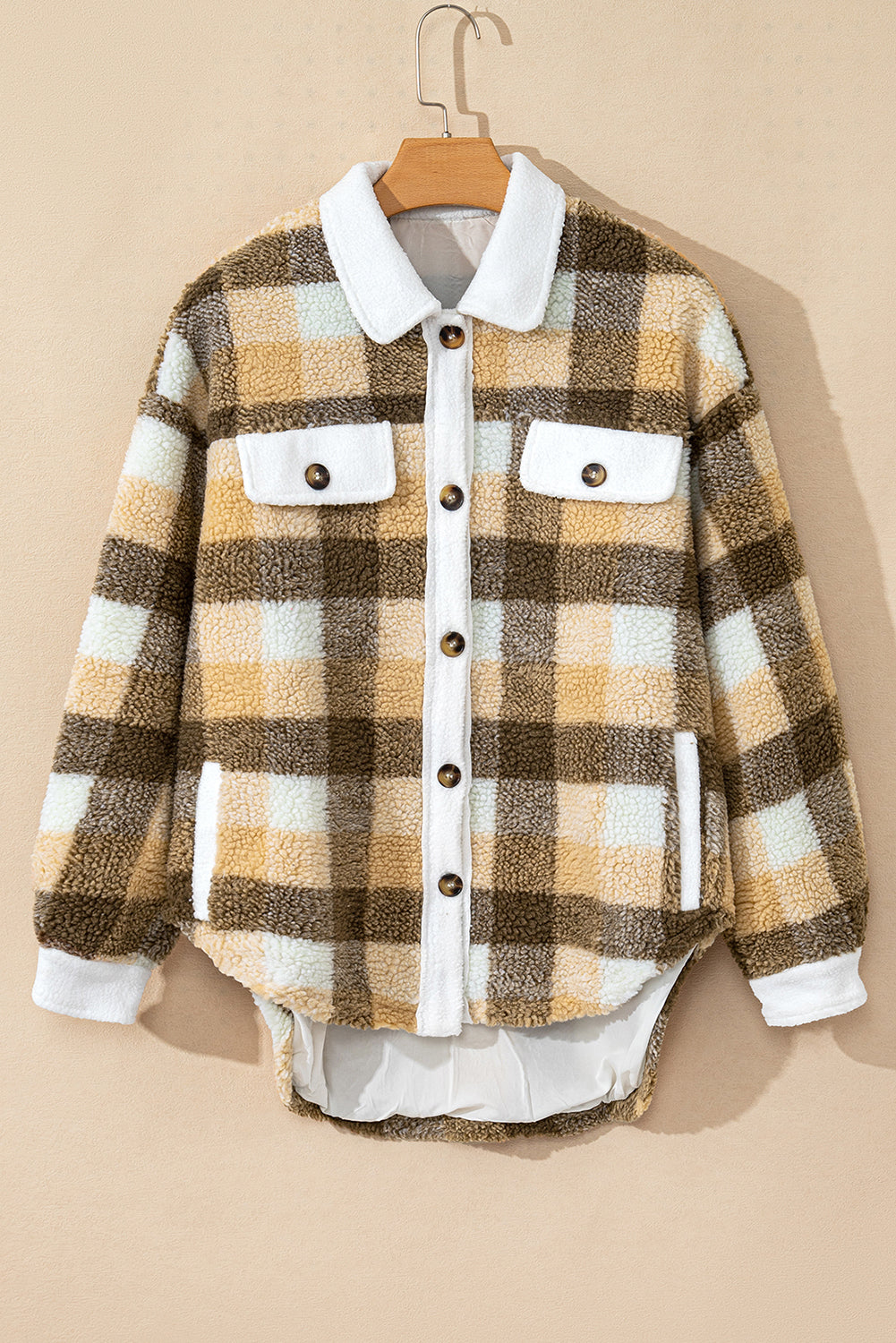 Plaid Sherpa Flap Pocket Shacket | Khaki