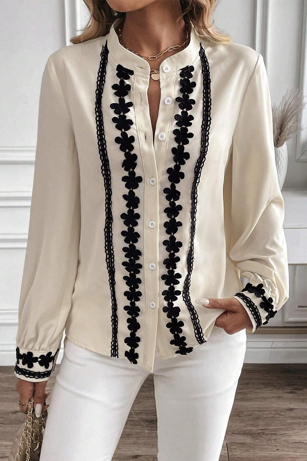 Floral Embroidered Stand Neck Buttoned Shirt | Beige