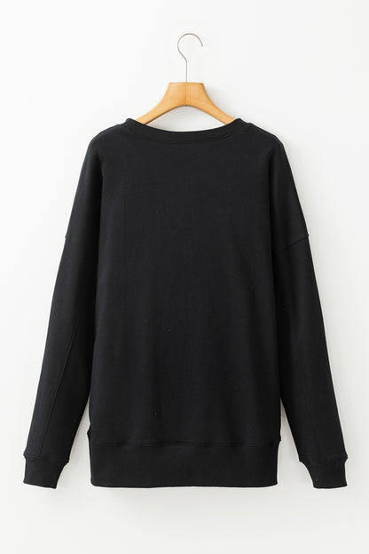 Drop Shoulder Crisscross Stitching Pocketed Loose Sweatshirt | Black