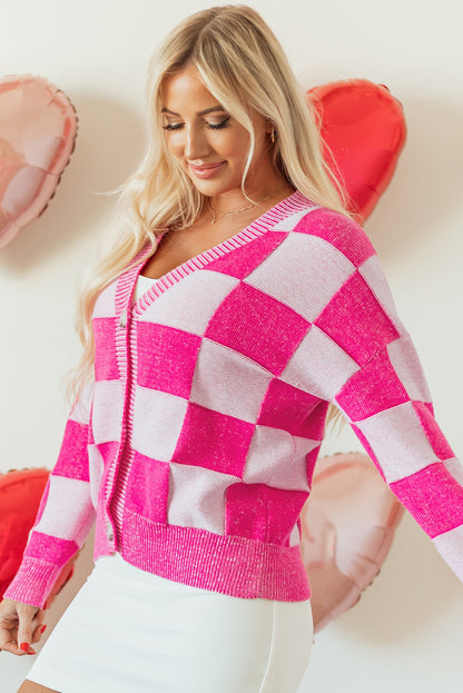 Checkered Drop Shoulder Buttoned V Neck Cardigan | Pink