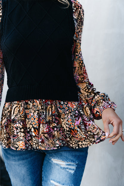 Contrast Floral Sleeve Peplum Sweater | Black