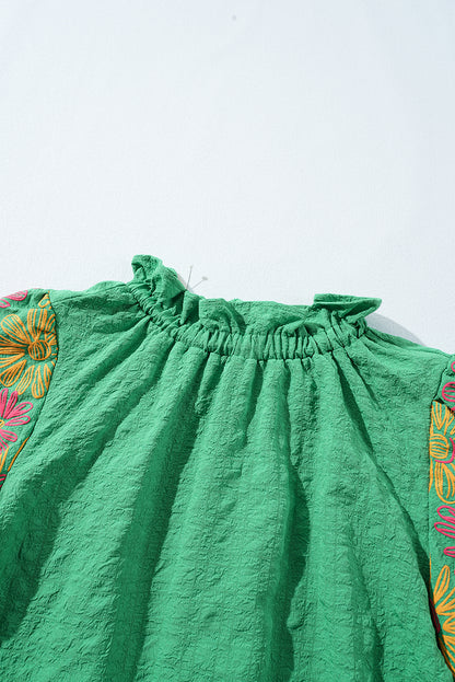 Floral Puff Short Sleeve Ruffled Collar Button Back Top | Bright Green