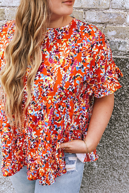 Floral Printed Ruffle Sleeve Curvy Babydoll Blouse | Orange