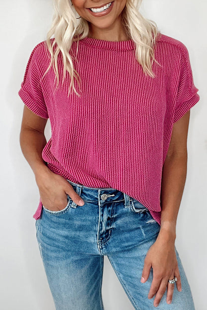 Textured Knit Exposed Stitching T-Shirt | Rose Red