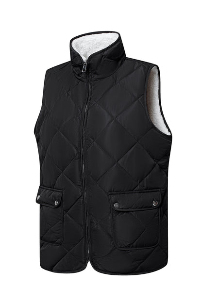 Fleece Lined Quilted Zip Up Vest Coat | Black