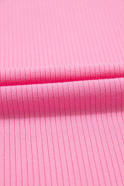 Ruffled Pleated Mesh Sleeve Ribbed Knit Slim Fit T Shirt | Strawberry Pink