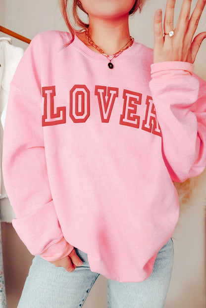 Lover Puff Print Drop Shoulder Pullover Sweatshirt | Pink