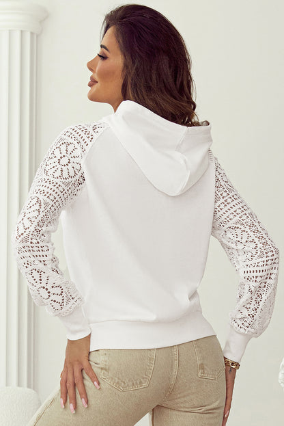 Lace Patchwork Sleeve Drawstring Hoodie | White