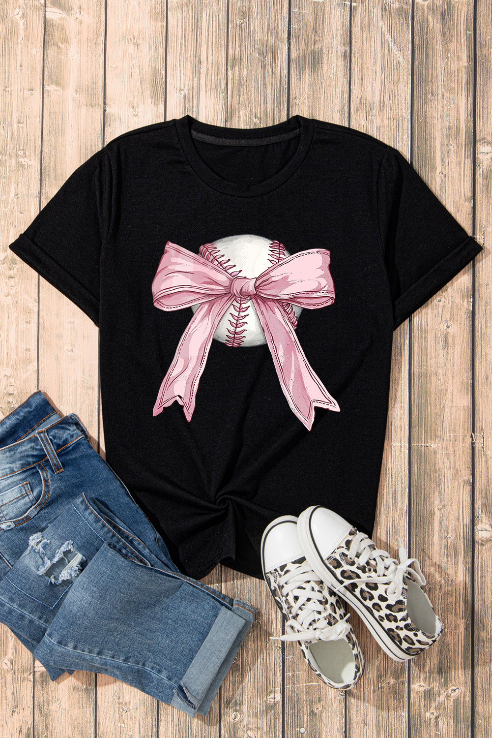 Baseball Bow Knot Print Round Neck T Shirt | Black