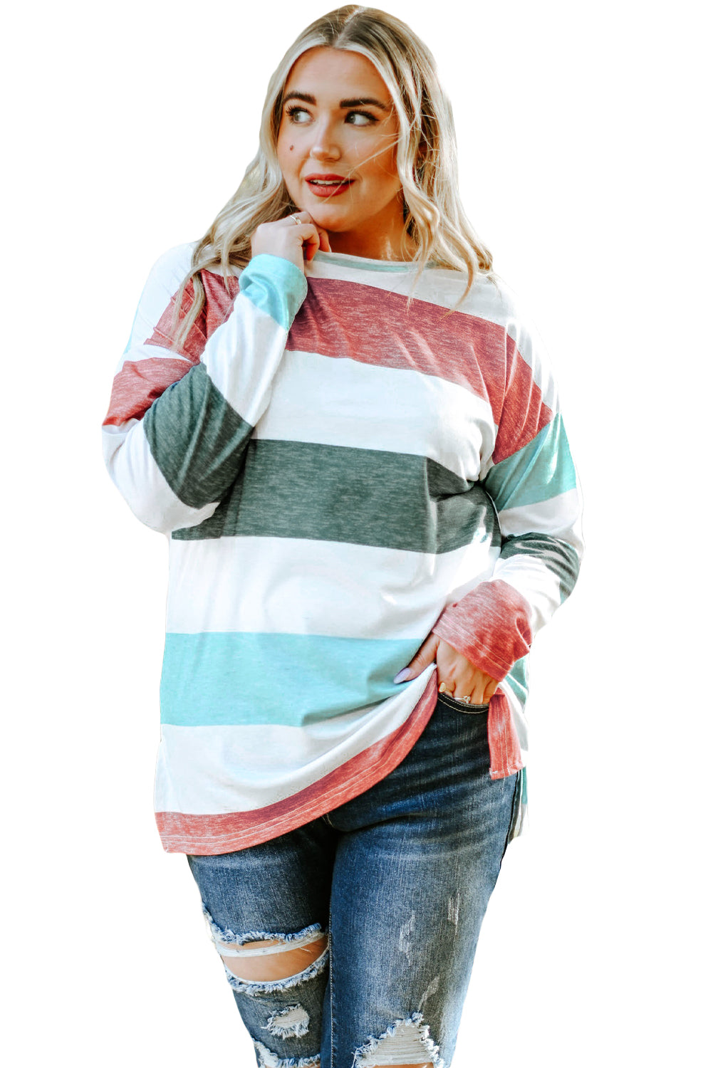 Plus Size Colourblock Pullover Top | Green