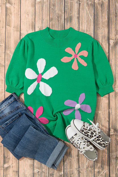 Floral Bubble Short Sleeve Sweater | Bright Green