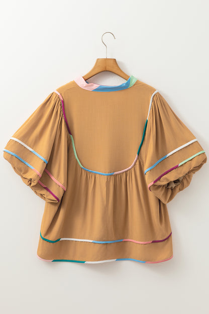 Colourful Trim Wide Short Sleeve V Neck Blouse | Thai Curry