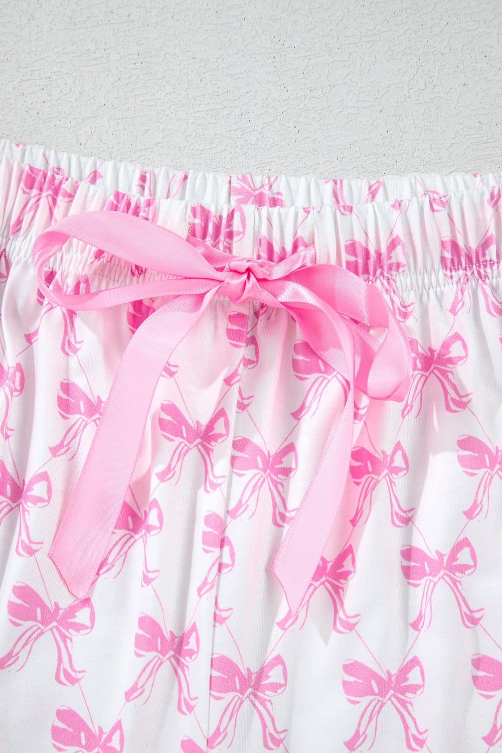 Bowknot Printed Short Sleeve And Ruffled Shorts Pajama Set | Pink