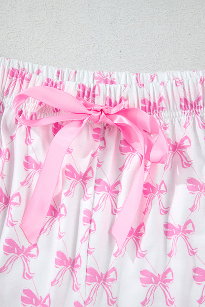 Bowknot Printed Short Sleeve And Ruffled Shorts Pajama Set | Pink