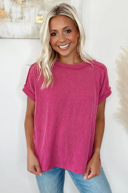 Textured Knit Exposed Stitching T-Shirt | Rose Red