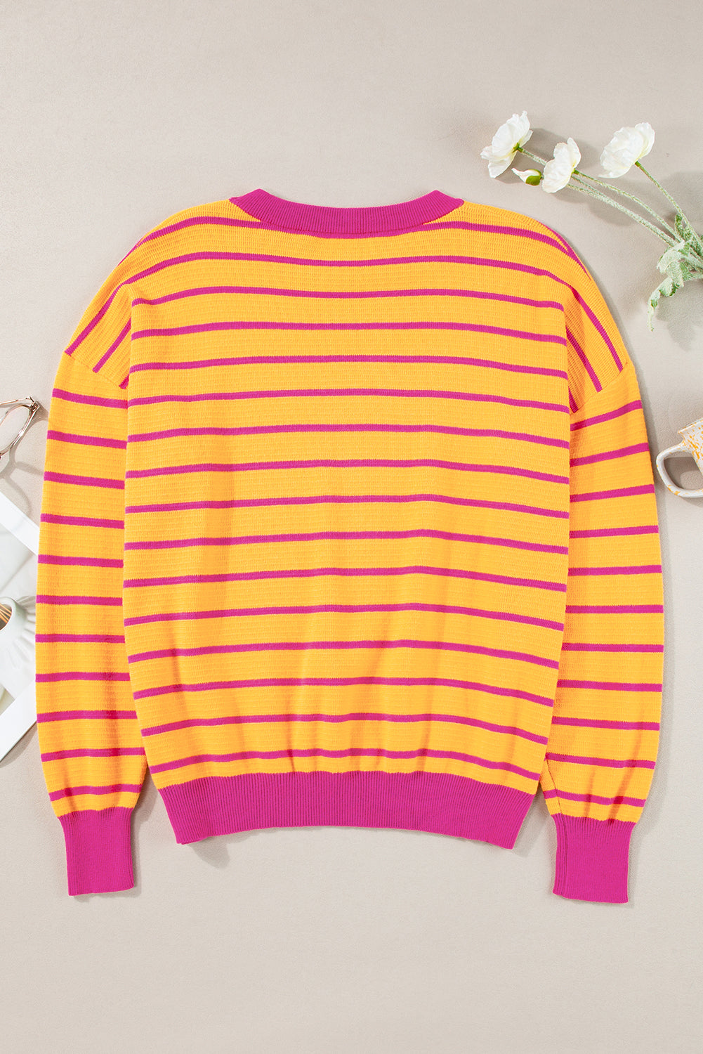 Trimmed Round Neck Drop Shoulder Loose Sweater | Orange Stripe