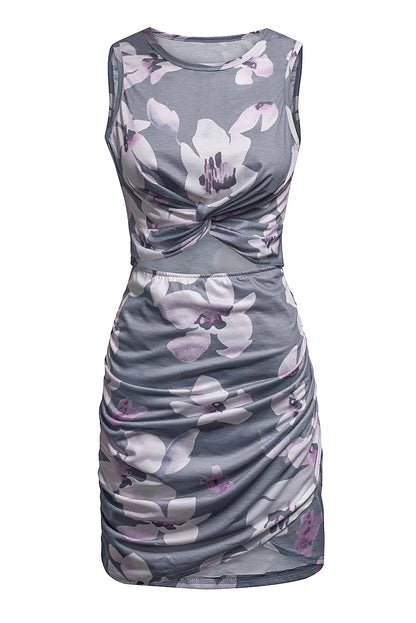 Floral Print Hollow Out Wrap Tie Mini Dress | Gray