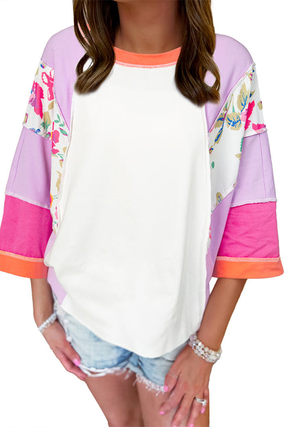 Floral Colour Block Patchwork 3/4 Sleeve Casual Blouse | Sachet Pink