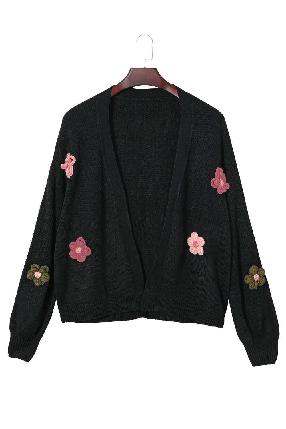 Floral Applique Drop Shoulder Bubble Sleeve Cardigan | Black