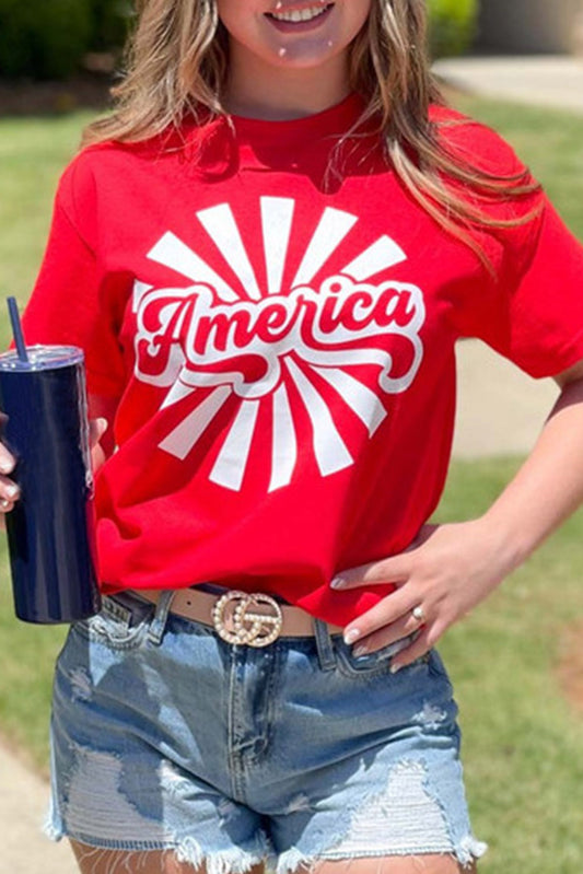 Fiery Red America Graphic Print Independence Day T Shirt