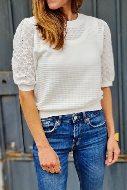 Broderie Anglaise Puff Sleeve Waffle Knit Tee | White