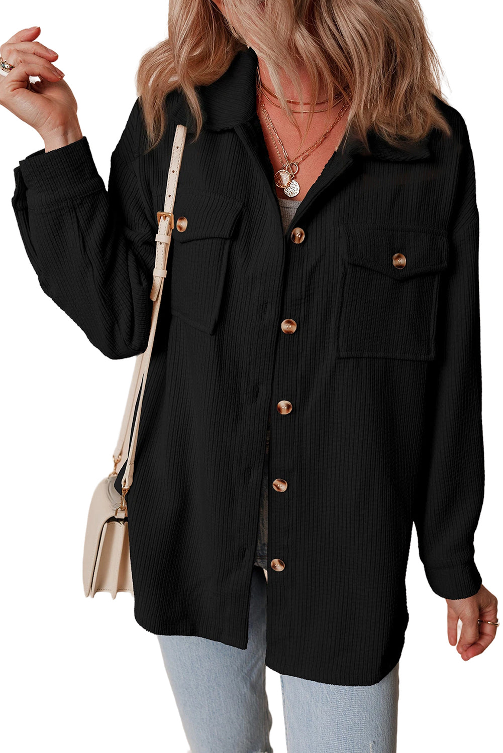 Corduroy Flap Pocket Button Up Shacket | Black