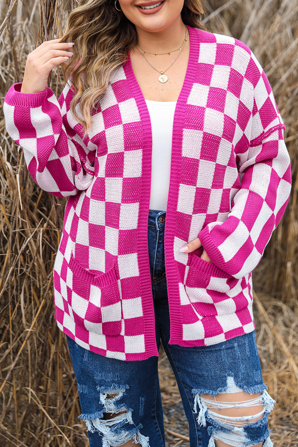 Checkered Pattern Open Front Plus Size Cardigan | Bonbon