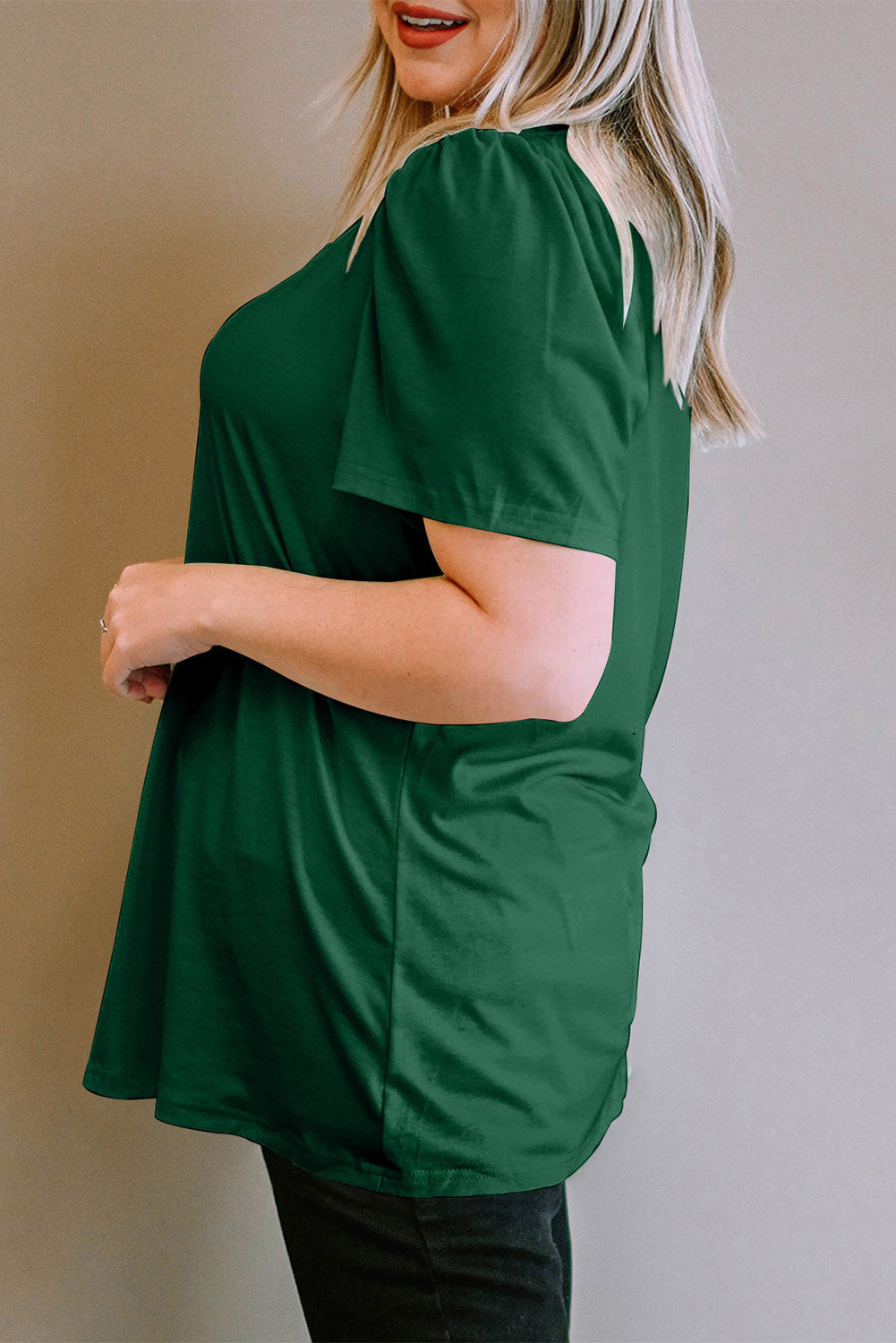 Plus Size Square Neck Ruched Shoulder Short Sleeve Top | Green