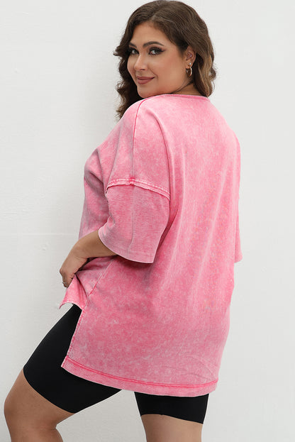 Mineral Wash Drop Sleeve Patchwork Plus Tee | Strawberry Pink