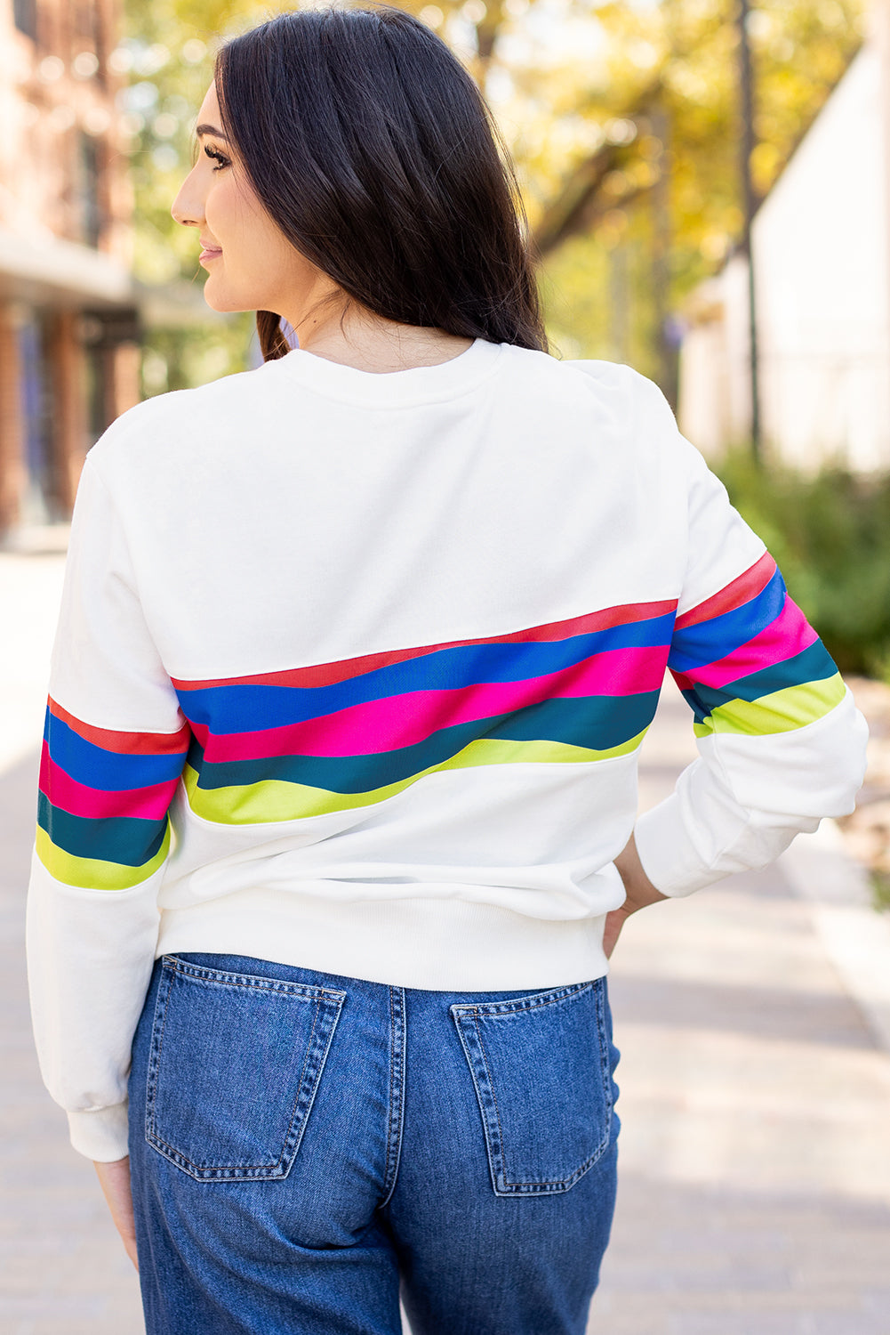 Colourful Striped Accent Long Sleeve T Shirt | White