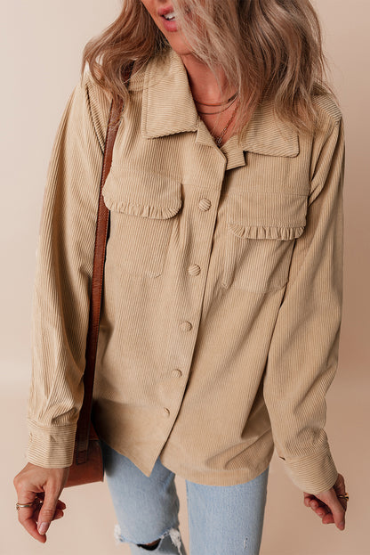 Solid Frilled Flap Pocket Button Up Corduroy Shacket | Light French Beige