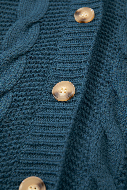 Cable Knit Button Front Pocketed Baggy Cardigan | Peacock Blue