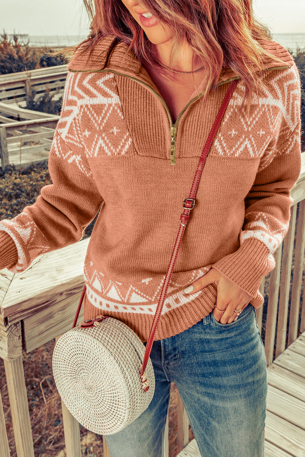 Geometry Knit Quarter Zip Sweater | Pink