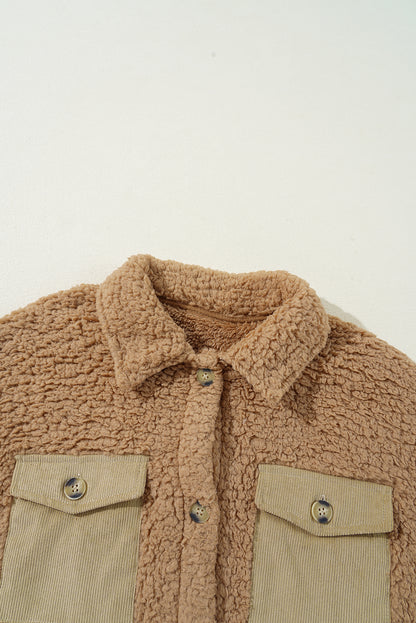 Contrast Flap Pocket Single Breasted Teddy Coat | Khaki