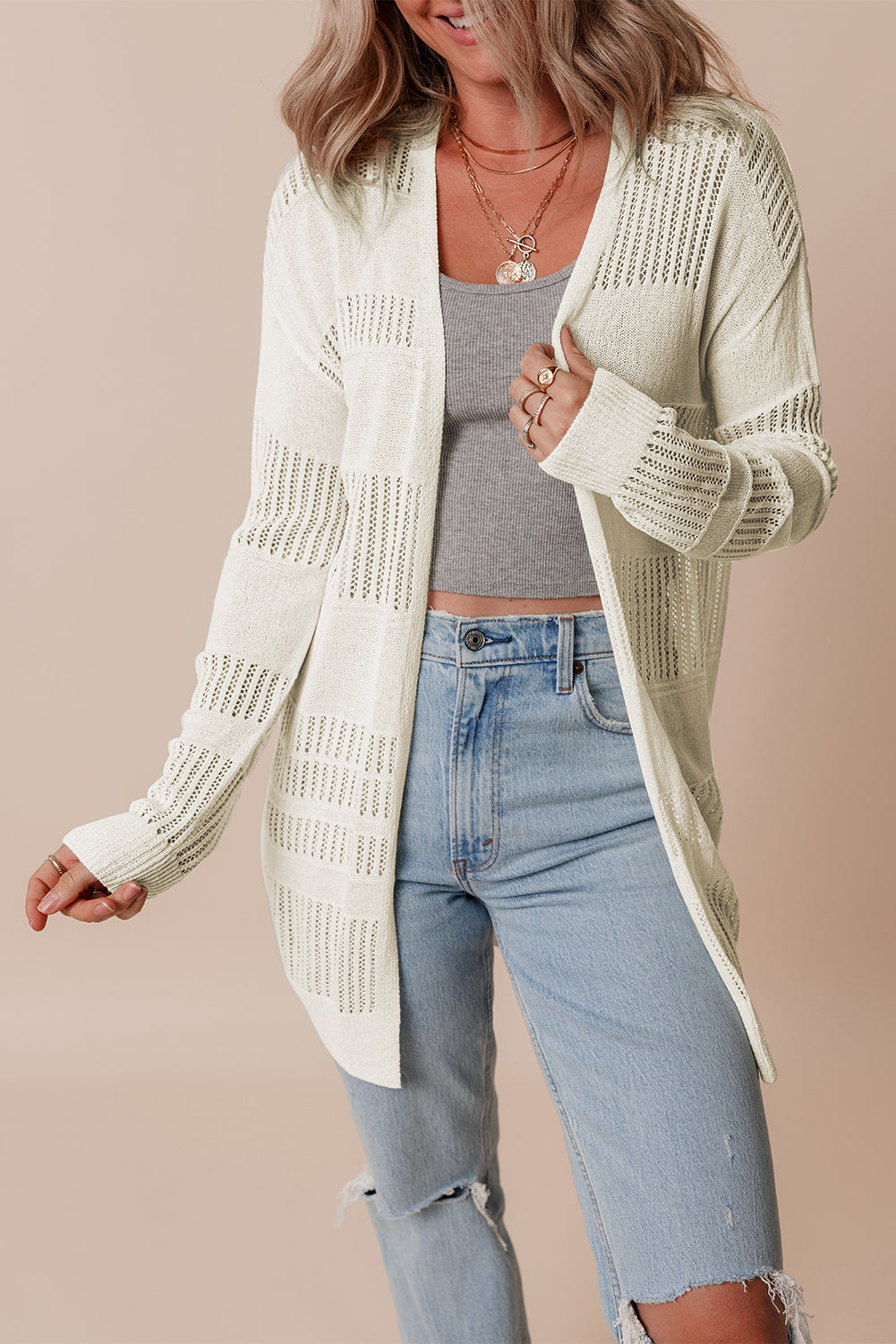 Solid Colour Lightweight Open Knit Tunic Cardigan | White