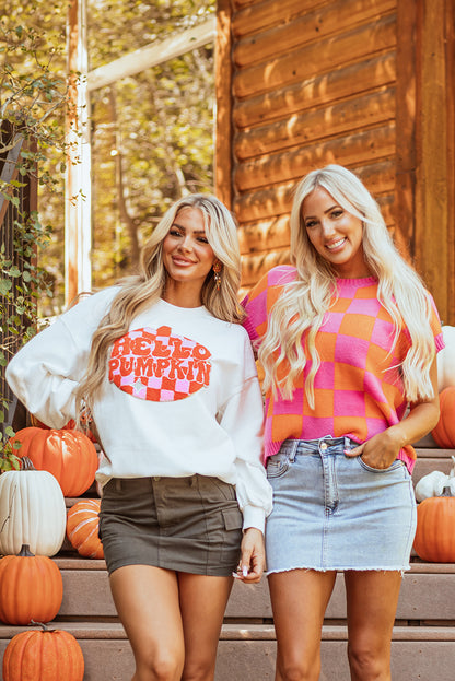 Terry Halloween Pumpkin Patched Pattern Pullover Sweatshirt | White