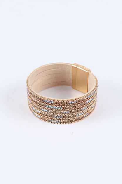 Full Diamond Leather Wide Plated Magnetic Buckle Bracelet | Gold