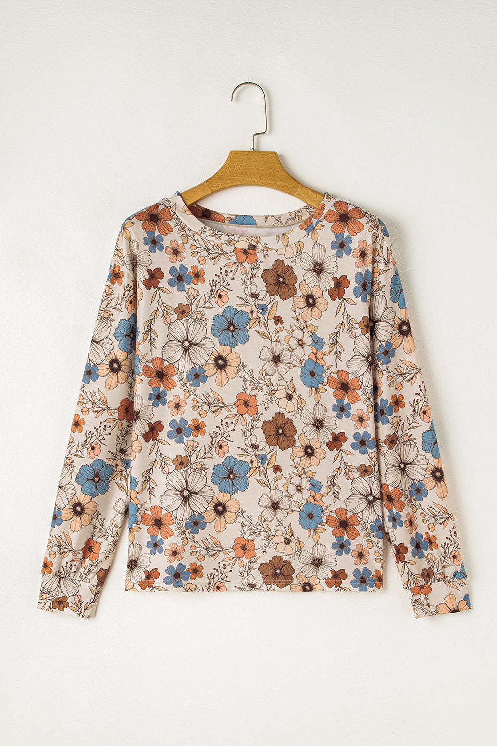 Floral Print Loose Crew Neck Long Sleeve T Shirt | Khaki