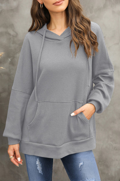 Waffle Knit Fleece Lined High Low Oversized Hoodie | Gray